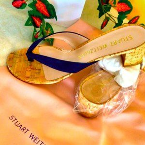 NEW STUART WEITZMAN LOW BLOCK NAVY HEEL THONG 8.5
